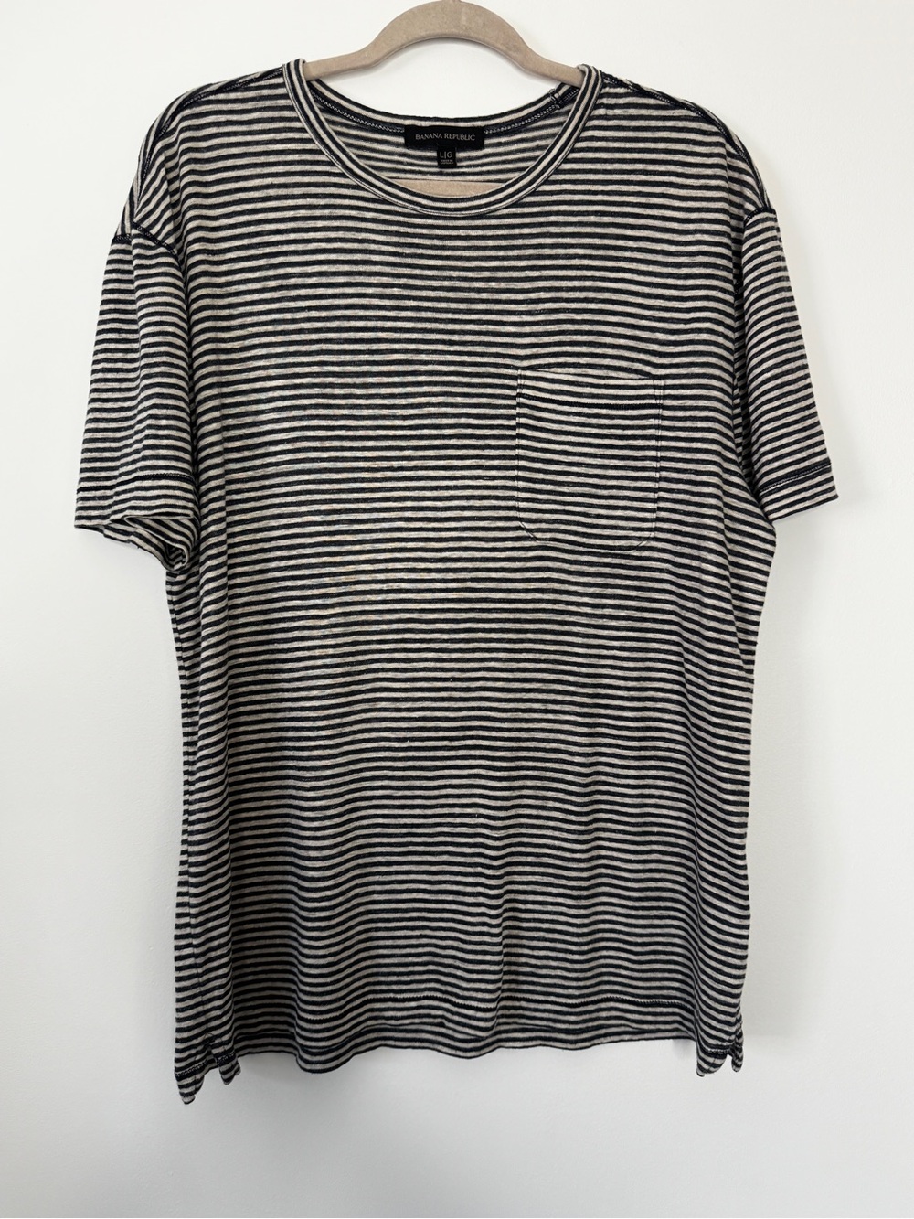 Banana Republic T-shirt Top Linen Pocket Crew Neck Striped Short Sleeve Tee Sz L
